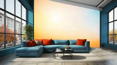 Relaxing outdoors vacation landscape concept: Abstract blurred sunlight beach colorful blurred bokeh background with retro effect autumn sunset sky have blue bright, white, and color orange calm. Wall mural