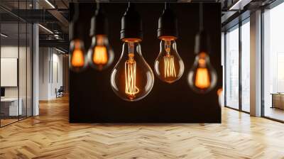 Close up illustration of a light bulb on a dark floor with yellow electricity flowing inside it and blurry bokeh background. Wall mural