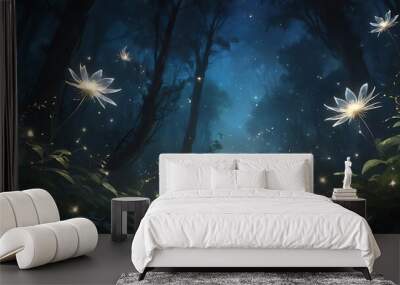 Digital artwork background of a fantasy dream forest landscape with dreamy particles in the air, trees and luminous white flowers in a rich blue theme.
 Wall mural