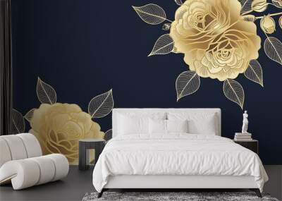 Digital illustration featuring two clusters of golden roses with accompanying leaves and buds, set against a dark navy blue background Wall mural