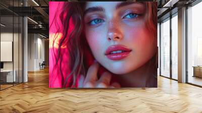 Create a vibrant and stylish advertisement featuring a young woman using the latest cosmetic products Wall mural