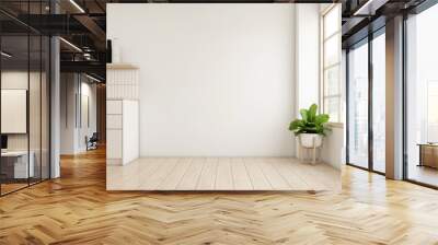 Japandi style empty room decorated with white wall and wood floor. 3d rendering Wall mural