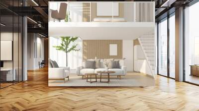 Minimalist apartment with living area and bedroom on the mezzanine. Wood floor and wood slat wall. 3D rendering Wall mural