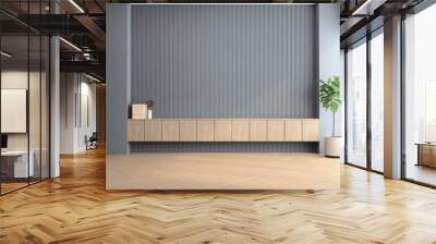 Modern empty room with gray slat wall and built-in wooden cabinet. 3d rendering Wall mural