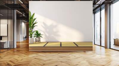 Modern japan style empty room with a raised wooden floor and white wall. On the side are green indoor plant. 3D rendering Wall mural