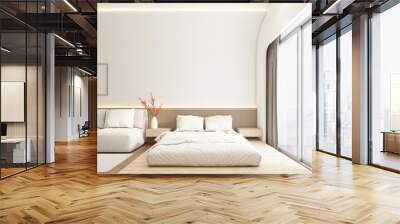 Modern japan style tiny room decorated with white bed and minimalist sofa, wood slat wall and white curved wall. 3d rendering Wall mural