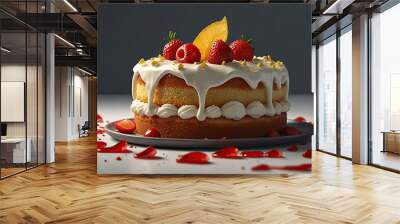 Strawberry Delight: A delectable cake with fresh strawberries, perfect for a sweet treat Wall mural