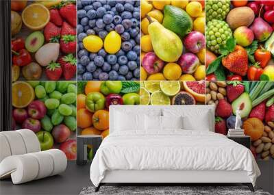 Diverse Bounty of Fresh Fruits and Vegetables Collage - Vibrant Grid Display of Colorful Produce for Food Advertising and Healthy Lifestyle Concepts Wall mural