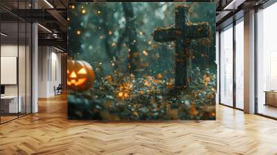 Spooky Halloween Cross in a Haunted Forest Wall mural