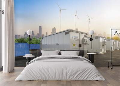 Amount of energy storage systems or battery container units with solar and turbine farm Wall mural