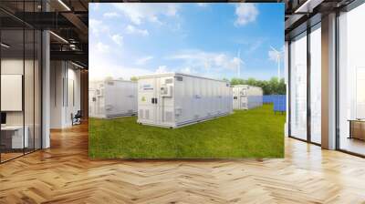 Amount of energy storage systems or battery container units with solar and turbine farm Wall mural