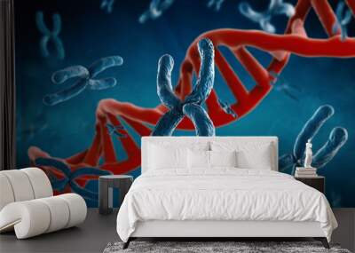 blue chromosome and red dna structure on blue background Wall mural