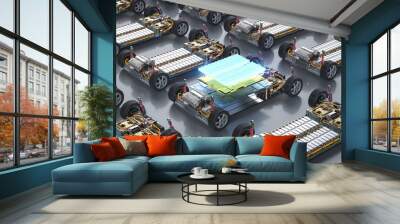 Group of electric cars with pack of battery cells module on platform Wall mural