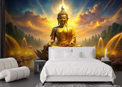 Thai golden buddha statue and lotus flower. heaven background Wall mural