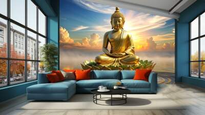 Thai golden buddha statue and lotus flower. heaven background Wall mural