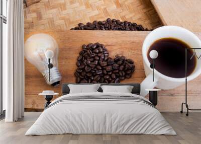 dark rose coffee bean, Black coffee cup on old wooden table top view. Wall mural