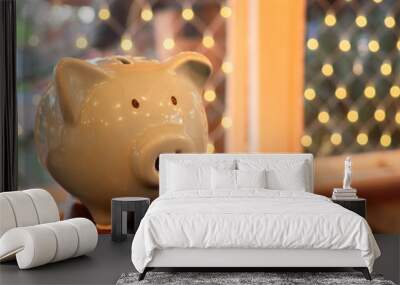 piggy bank in night life. concept of saving money for spent for fun Wall mural