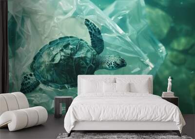 A Background of a plastic bag with a sea turtle on it. Plastic bags pollute the ocean. Concept of environmental conservation Wall mural