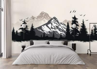 A Black and white mountain range, landscape, tree symbols, stencil vector illustration. Wall mural