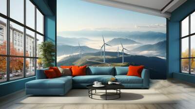 A Clean energy industry: Green energy wind farms on high mountains, aerial photography Wall mural