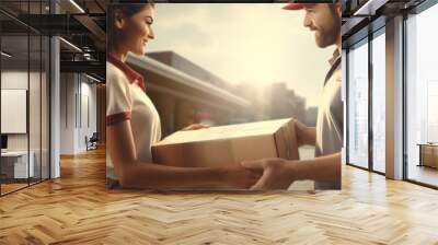 A Close-up Courier handing cardboard Boxes to Customer in front of customer's House, Delivery concept blowing Generated with AI. Wall mural