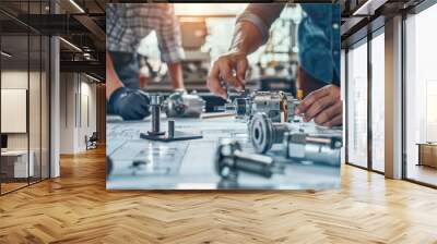 A Close-up view of engineers and technicians designing and engineering mechanical parts. Industrial engine factory, blueprints, bearing measurement, calipers, tools, industrial background. Wall mural