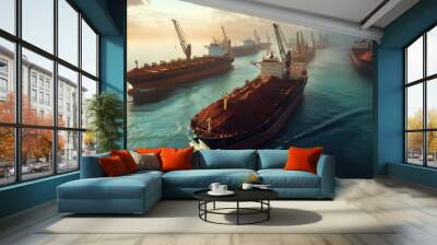 A fleet of large cargo ships loaded with iron ore, sailing across a vast ocean, with cranes lifting the ore from port storage facilities and loading it onto the vessels. Wall mural