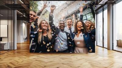 A happy diverse team of startup business people celebrate their business success amidst confetti. Wall mural