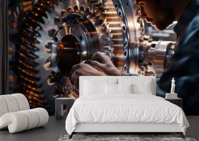 A Portrait of Engineer inspects engine gear wheel, industrial background. Wall mural