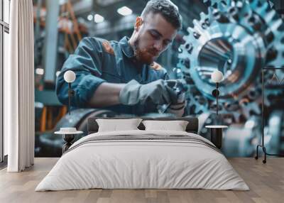 A Portrait of Engineer inspects engine gear wheel, industrial background. Wall mural