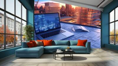 A Real Estate Concept in Building Design on Computer Tablet Blueprint for Engineering Construction Project Design Plan Blueprint Building Structure Development Construction Site Generative AI Wall mural