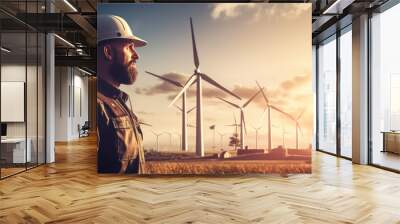 A Renewable energy concept - engineer working at clean wind farm - renewable energy concept Wall mural