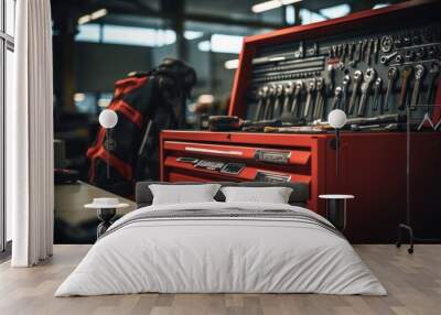 A Selective focus of mechanic's toolbox with tools in drawers, blurred background, auto mechanic in workshop. Wall mural