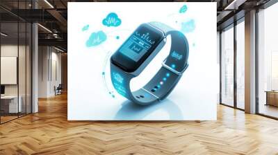 A smart medical wearable wristband analyzing health metrics, connected to a cloud-based system, isolated on white Wall mural