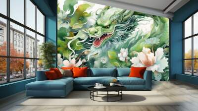 A Watercolor painting for Happy Chinese New Year Powerful green dragon Scary and awe-inspiring. Chinese Watercolor painting art. Chinese New Year concept. New Year greeting card background. Wall mural