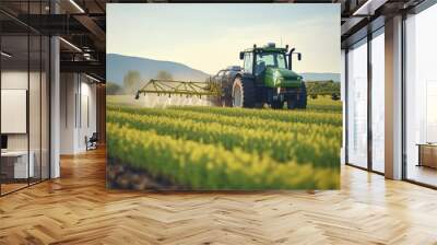 Agriculture: A drone image of a tractor spraying pesticides on a lush green orchard. A vast field of wheat ready for harvest, with a blue sky in the background. Wall mural