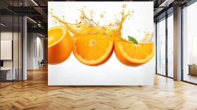 An 2 oranges and 1 orange halved, orange juice splash, white background, Wall mural