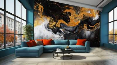 An abstract painting featuring bold, golden paint swirls contrasted against deep blacks and whites, creating a dramatic and eye-catching design. Wall mural