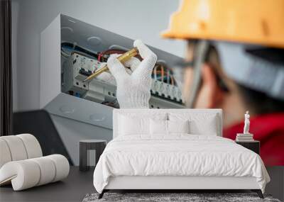 Asian electrical engineer wearing safety helmet inspecting home electrical system with tools and tablet at indoor building site Wall mural