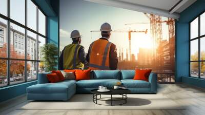 Construction worker and engineer wearing safety gear looking for blueprints in high rise building construction site with tower crane. Wall mural