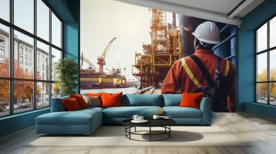 energy industry: behind the scenes of an offshore oil rig worker is working, a worker walks to an oi Wall mural