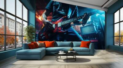 In video game style, musician holding guitar is playing music, concert stage background. Wall mural