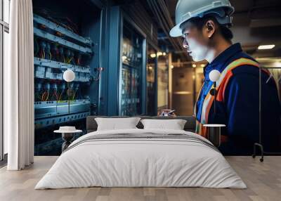 real photo of Asian electrical engineer wearing safety helmet inspecting home electrical system with tools and tablet at indoor building site. Wall mural