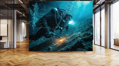 Underwater welders working at Sparks turn on lights on the seabed to repair submerged structures. Underwater welding by professional divers Wall mural