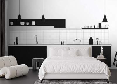 A black and white line drawing of a modern kitchen.  Wall mural