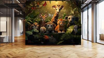 A group of wildlife animals standing in a jungle.  Wall mural