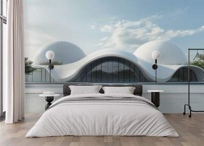 A minimalist white dome-shaped building set in a green environment. Wall mural