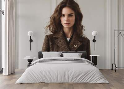 A Model Poses Wearing A Brown Tweed Trench Coat. Wall mural