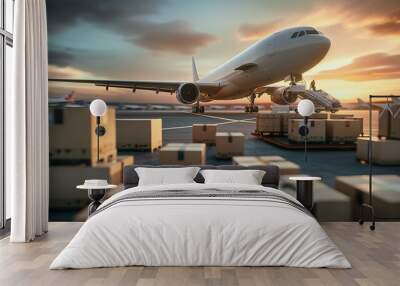 An Arial View Of A Commercial Airplane Landing At A Container Terminal Port. Wall mural