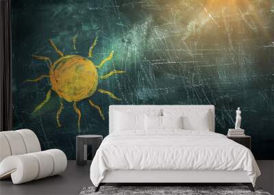 Chalk Sun Drawing, Warm and Radiant on Blackboard with Sun Flare Wall mural